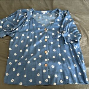 Lauren Conrad Button Blue Floral Daisy Blouse